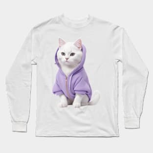 White British Short hair Cat wearing purple t-shirt Long Sleeve T-Shirt